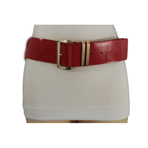 Women Fashion Red Color Faux Leather Elastic Belt Big Round Buckle Size M L XL